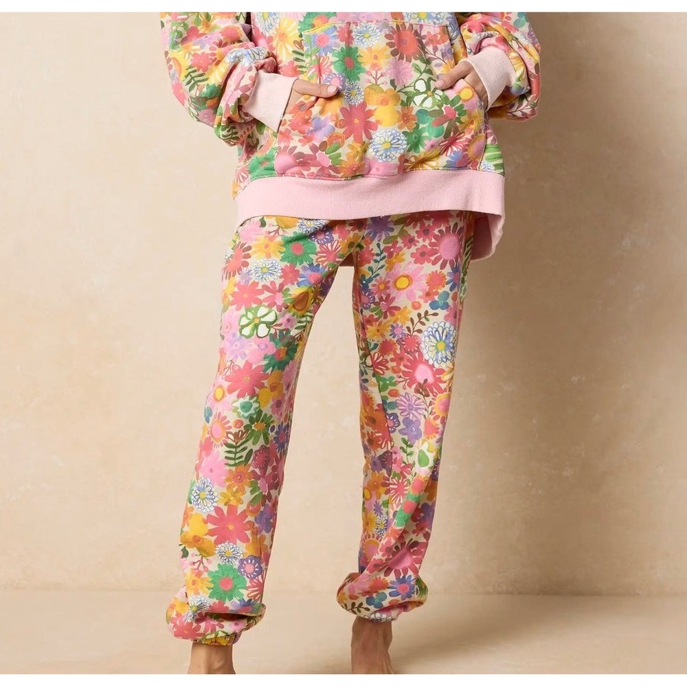 Natural Life Rainbow Floral Printed Sweatpants Joggers XS Retro Boho Pink New